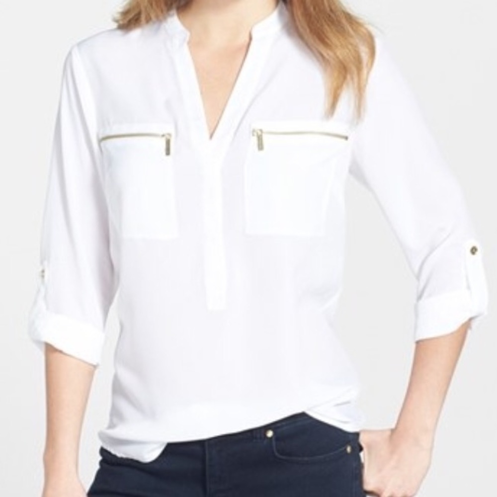 [Michael Kors] White Blouse w Gold Pocket Zippers